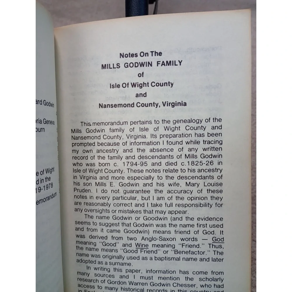 Notes‎ On The Mills Godwin Family Nansemond County, Virginia 1979 RARE